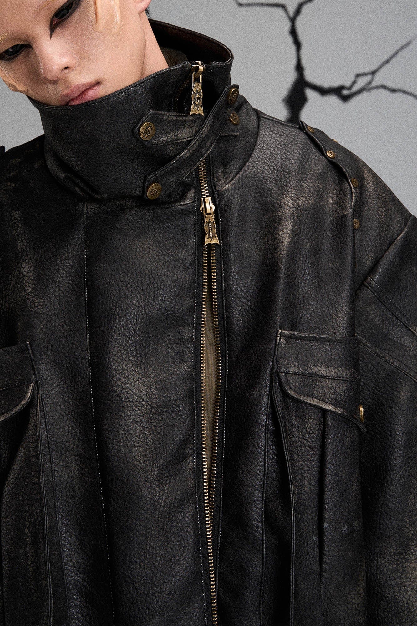 Mutation Knight Armor Distressed High-Collar Faux Leather Jacket