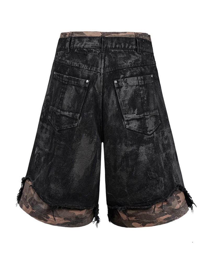 Double-Layered Ripped Camo Shorts Black