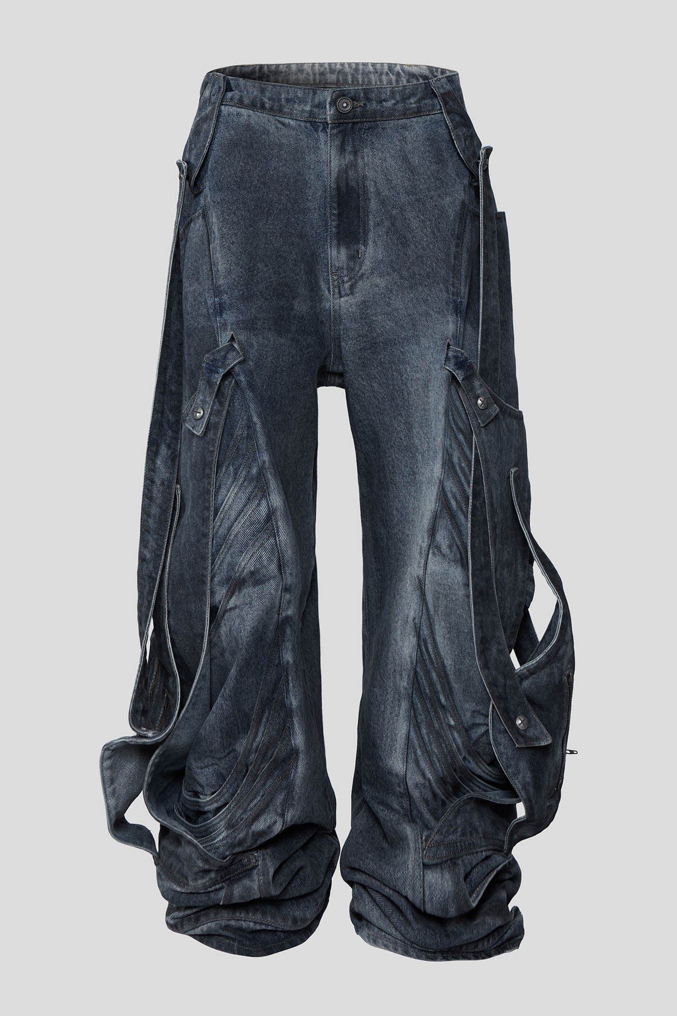 Deconstructed Multi-Strap Wide-Leg Jeans