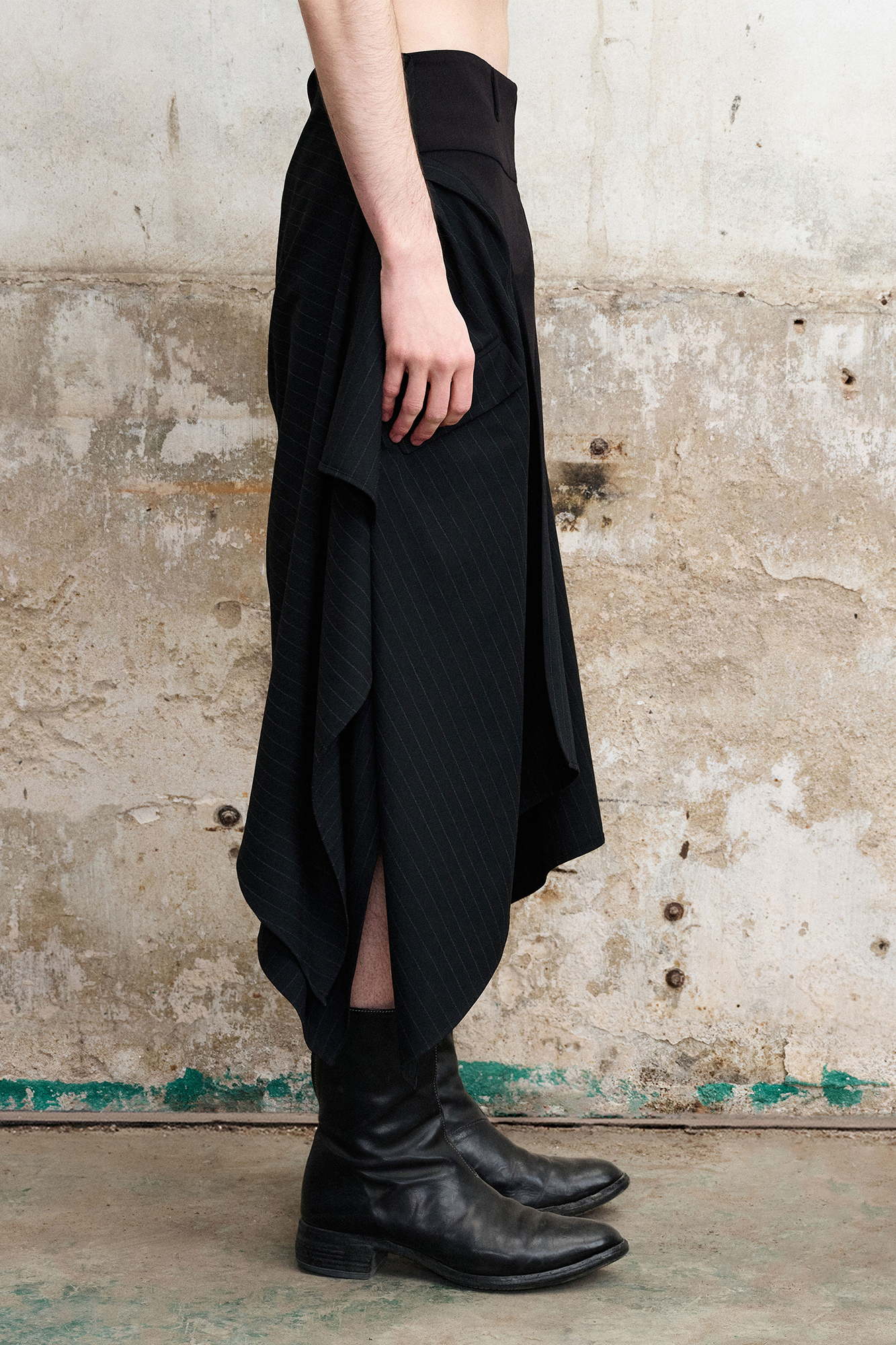 Asymmetric Draped Panel Pinstripe Skort Shorts