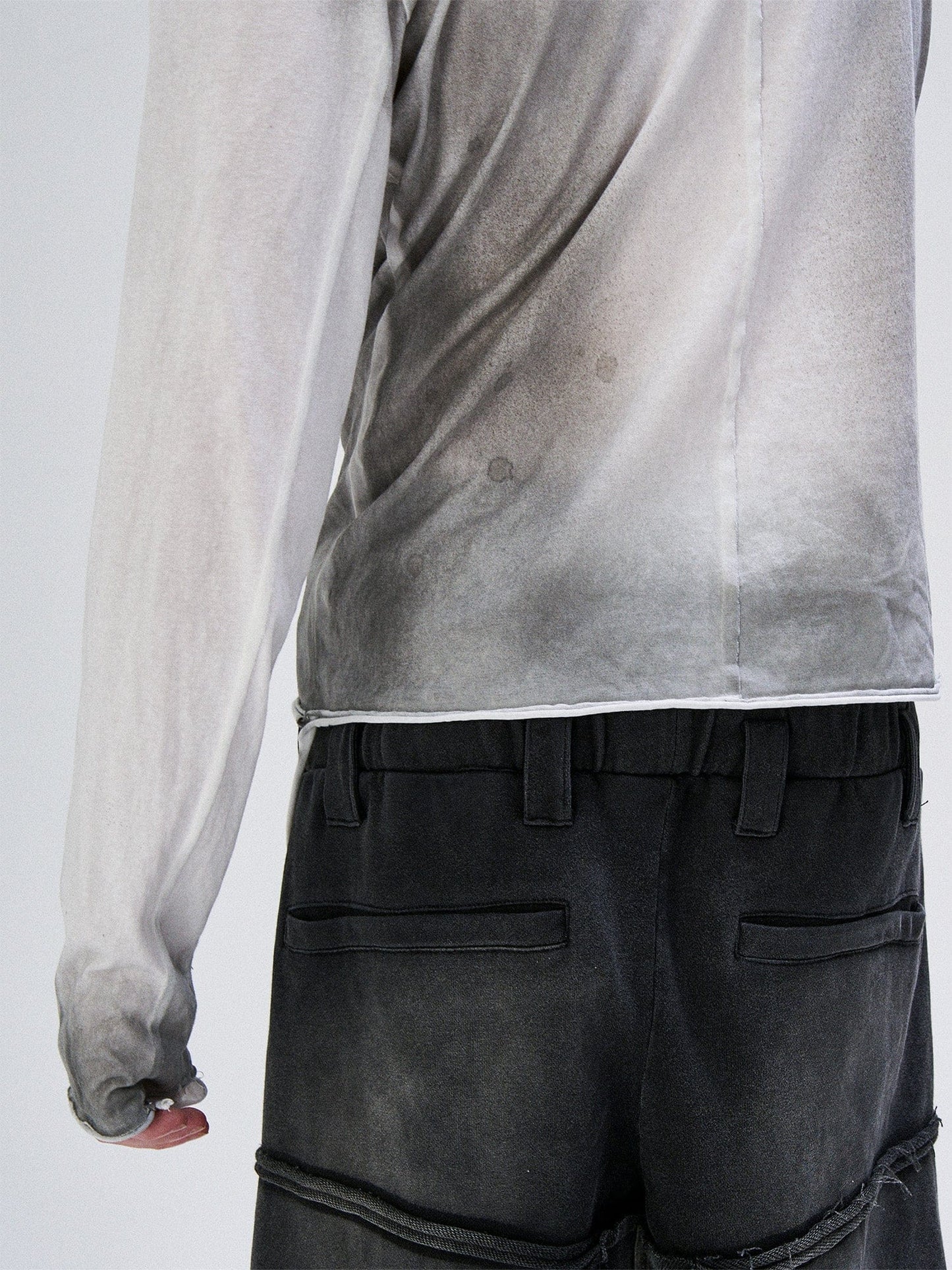 Washed Gradient Cross-Panel Raw-Edge Long-Sleeve Tee