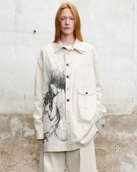 Double-Collar Hemp-Blend Graphic Shirt