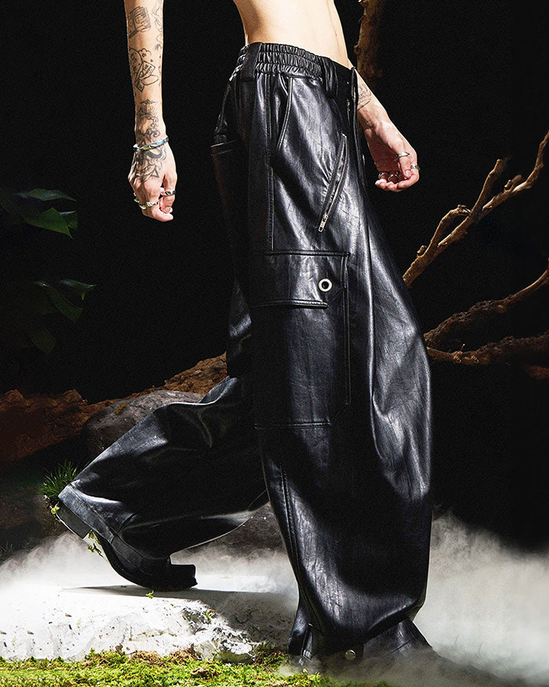 Multi-Pocket Pleated Faux Leather Wide-Leg Pants