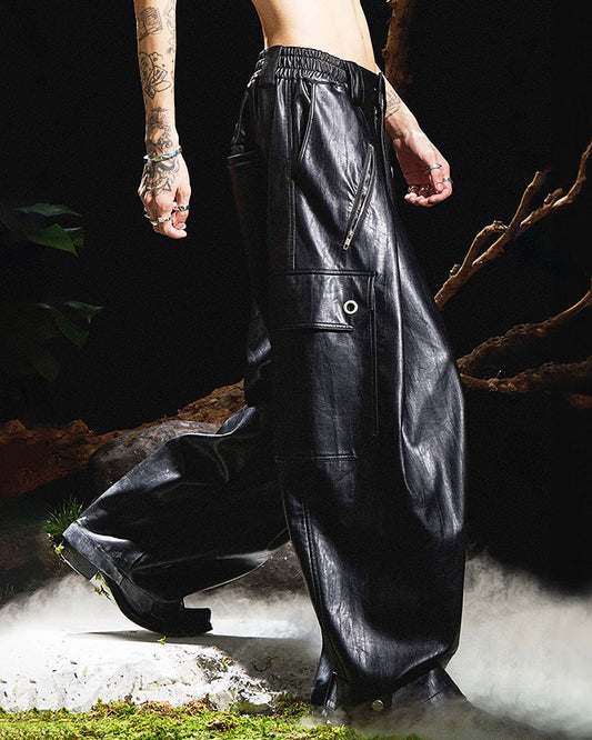 Multi-Pocket Pleated Faux Leather Wide-Leg Pants