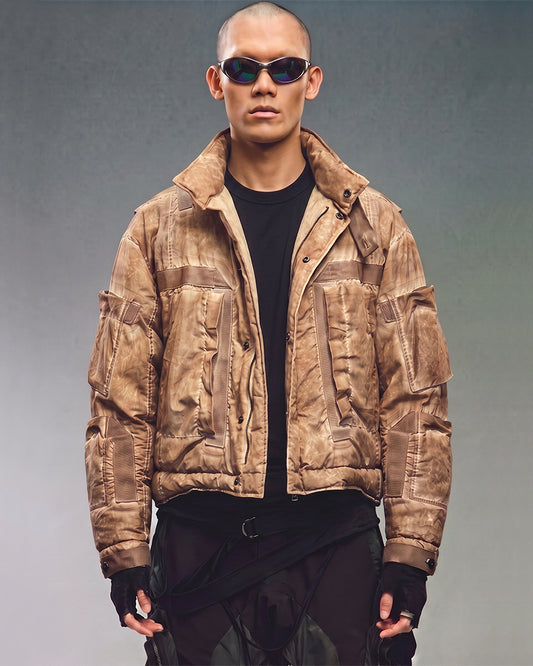 Post‑Apocalyptic Distressed Multi‑Pocket Down Jacket