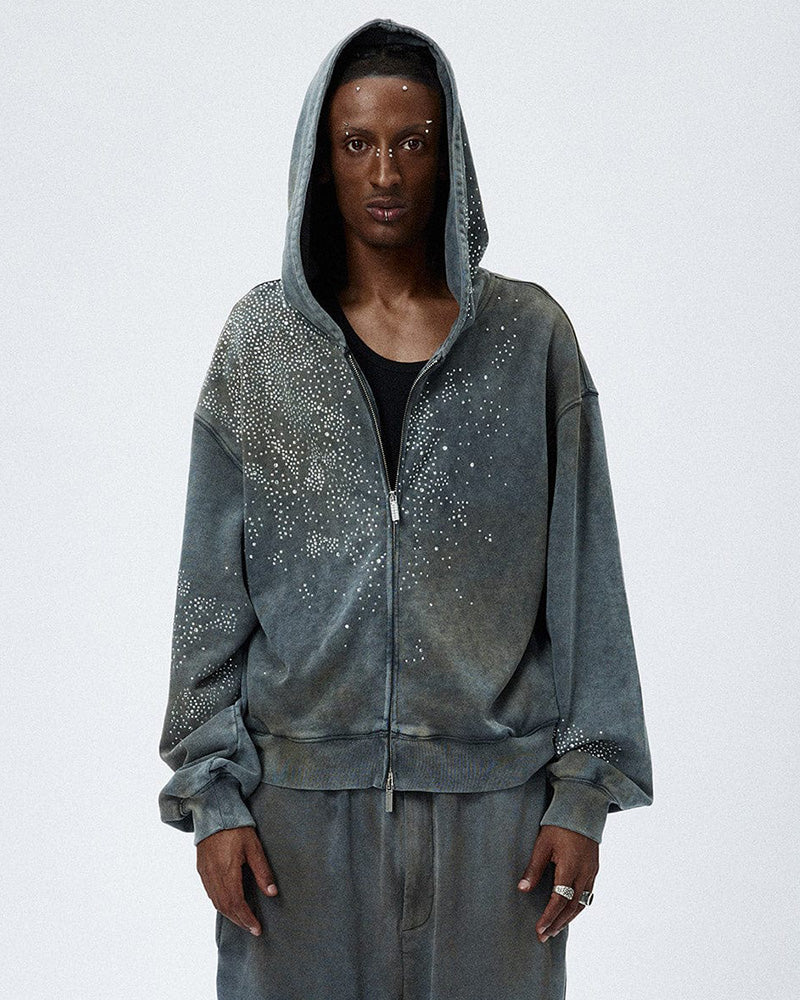 Diamond Distressed Zip-Up Hoodie