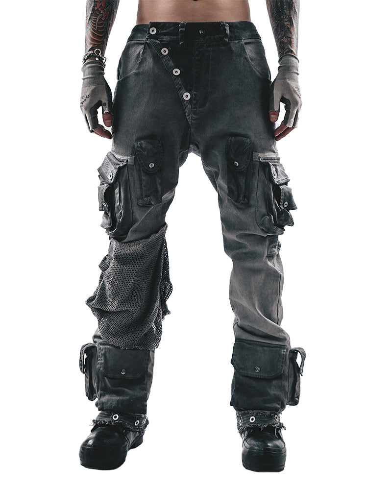 Asymmetric Spliced Distressed Cargo Pants