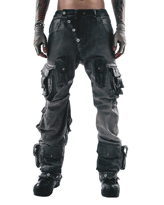 Asymmetric Spliced Distressed Cargo Pants