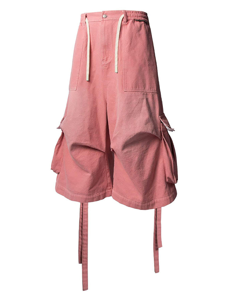 Washed Strap Drawstring Cargo Shorts