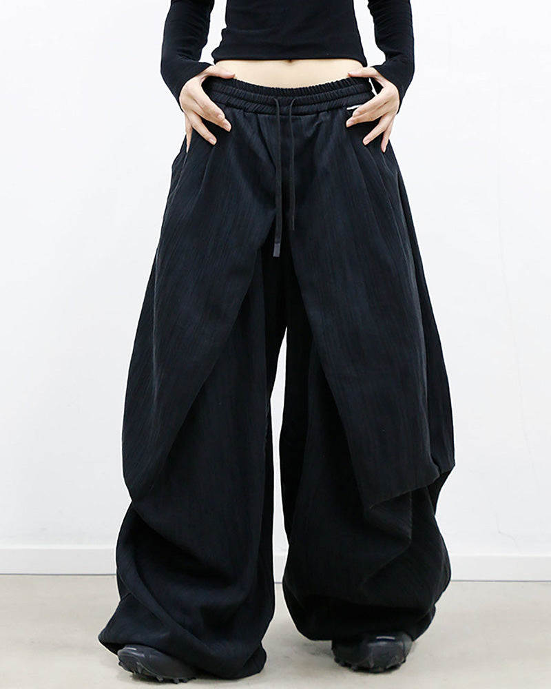 Crinkled Drawstring Oversized Pants Black