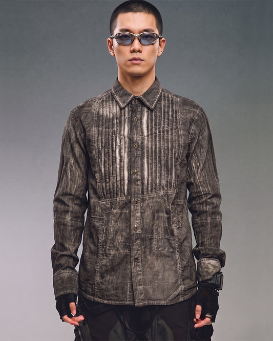 Post‑Apocalyptic Dirty Wash Distressed Pleated Shirt