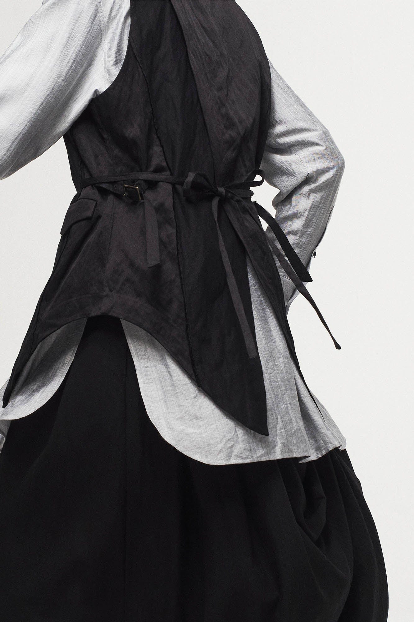 Asymmetrical Shawl Collar Belted Crinkled Vest