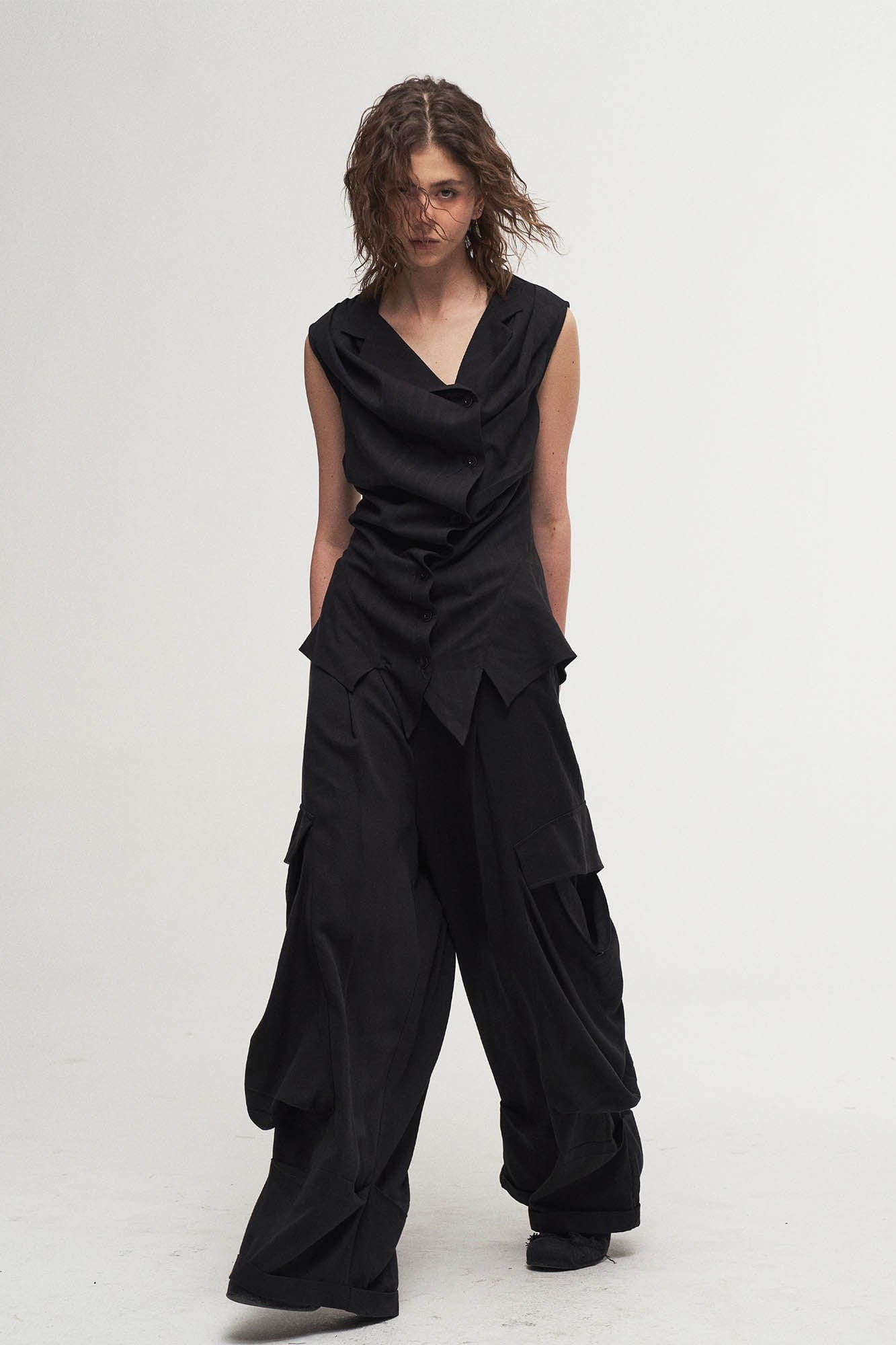 Draped Big-Pocket Wide-Leg Cargo Pants
