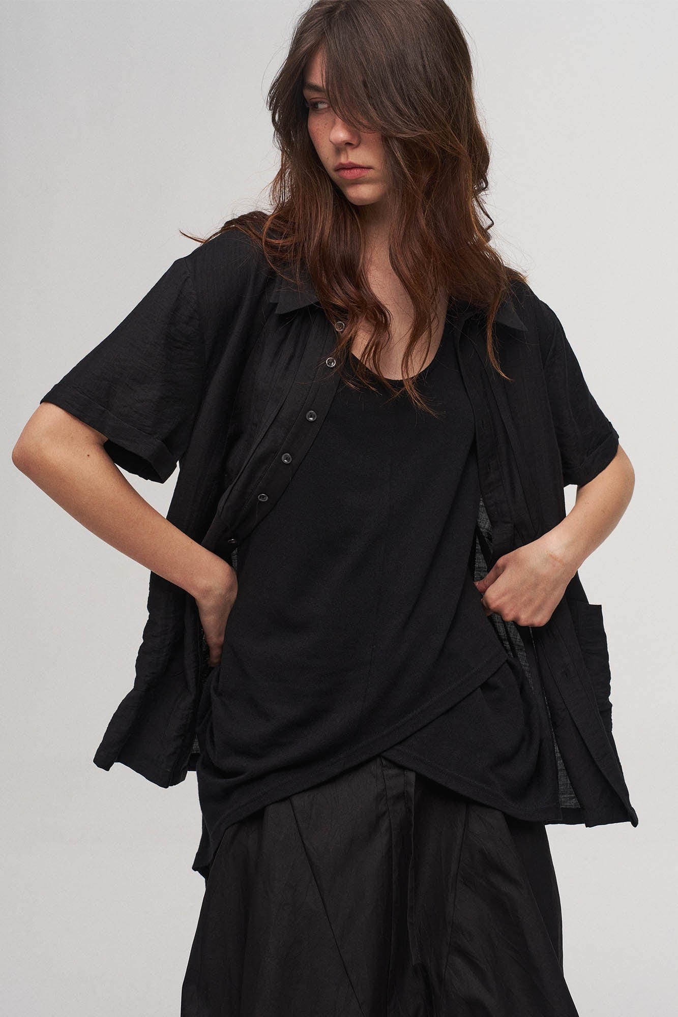 Stripe Crinkled Spliced Layered Collar T-Shirt Black