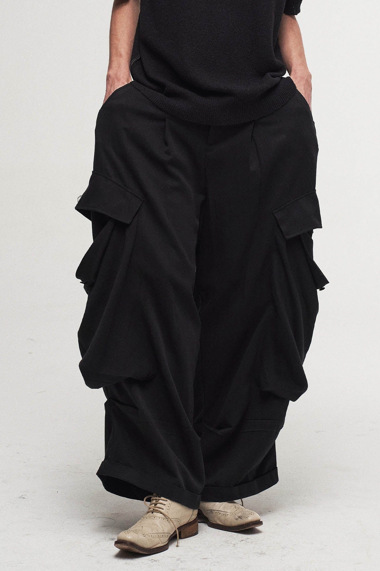 Draped Big-Pocket Wide-Leg Cargo Pants
