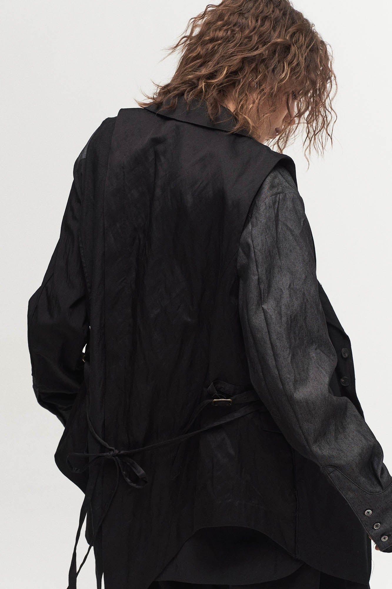 Asymmetrical Shawl Collar Belted Crinkled Vest
