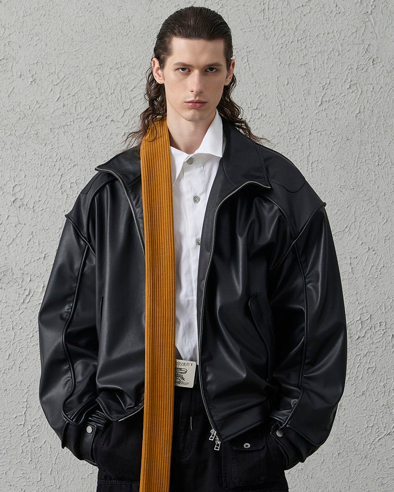 Faux Leather Piped Seam Jacket