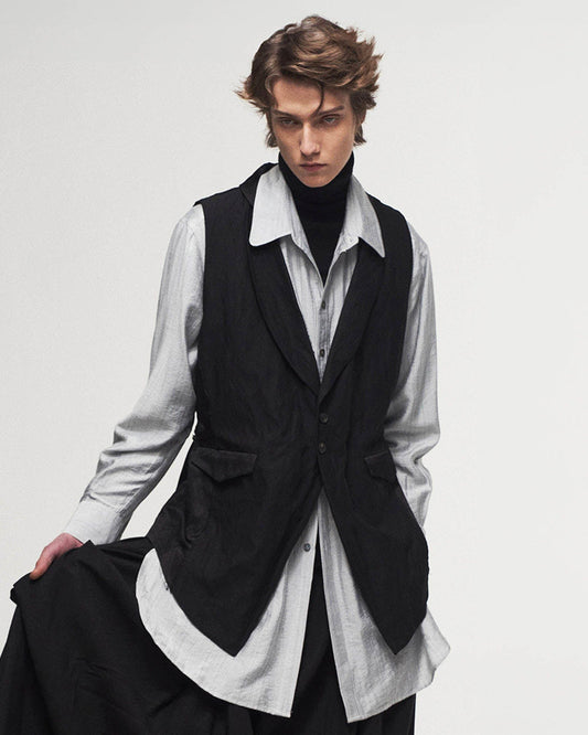 Asymmetrical Shawl Collar Belted Crinkled Vest