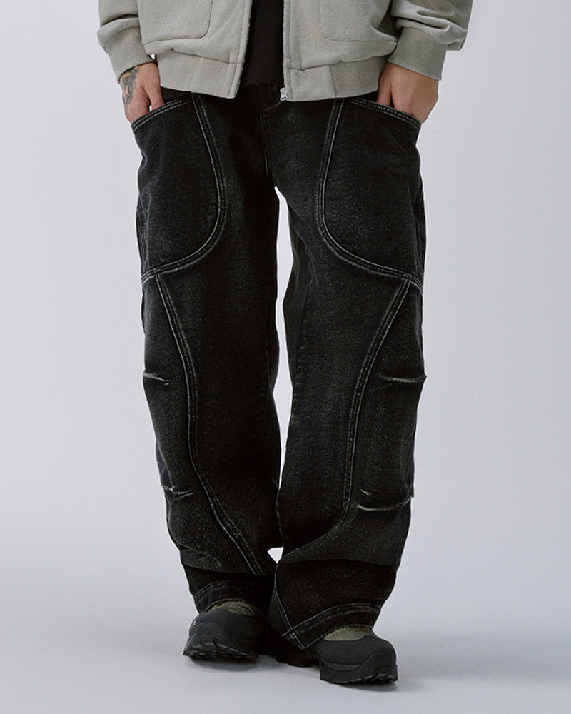 Washed Deconstructed Oversized Denim Cargo Pants