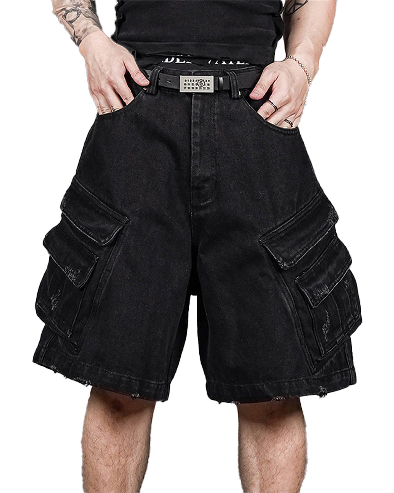 Layered-Pocket Distressed Denim Shorts