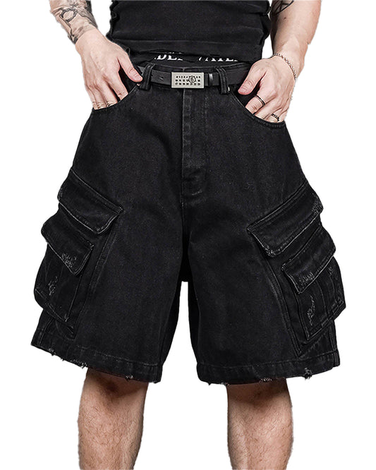 Layered-Pocket Distressed Denim Shorts