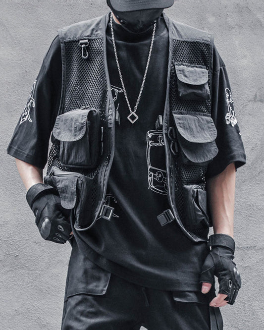 Techwear Multi-Pocket Fishnet Cargo Vest
