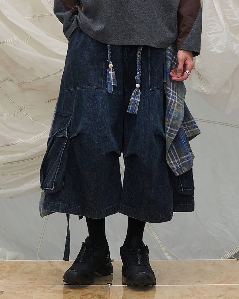 Detachable Plaid Drape Denim Shorts