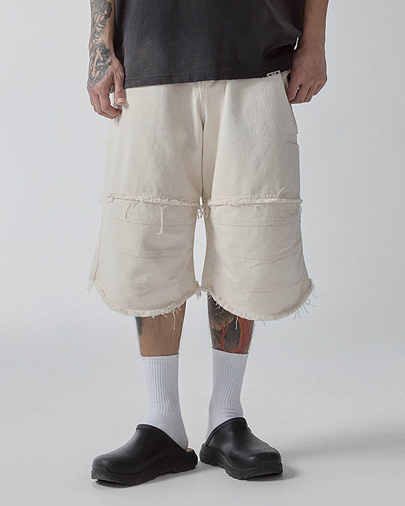 Layered Spliced Frayed-Edge Shorts