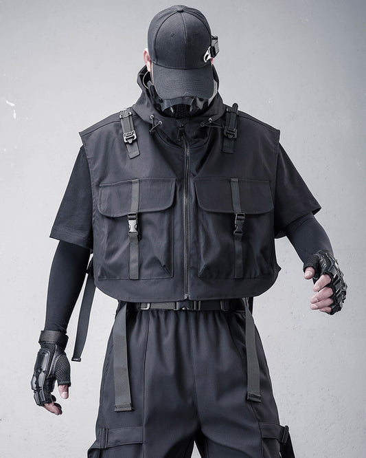 Techwear Tactical Utility Hooded Black Vest