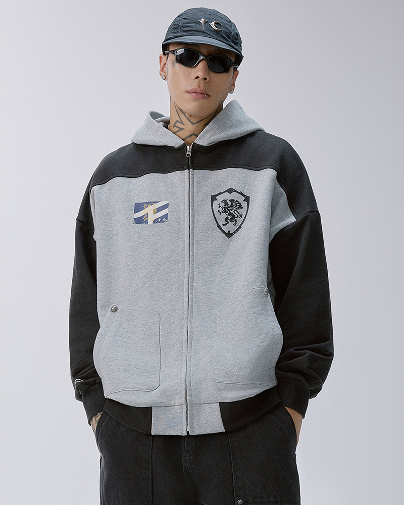 Contrast Panel Badge Graphic Hooded Jacket