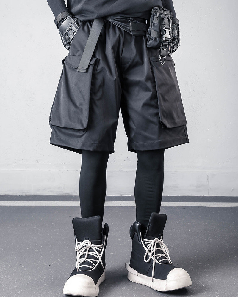 Black Techwear Multi-Pocket Cargo Shorts