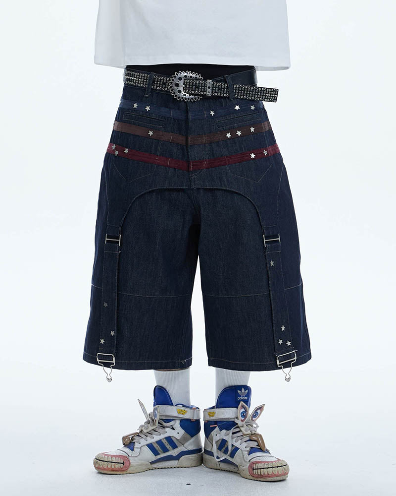 Star-Rivet Harness-Layered Denim Shorts