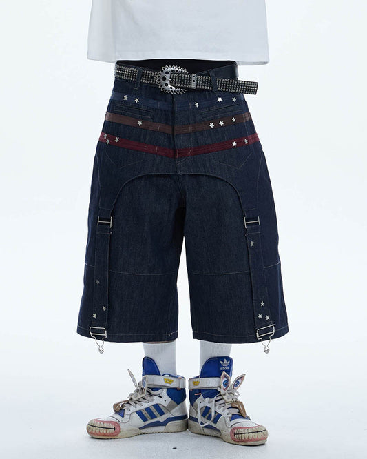 Star-Rivet Harness-Layered Denim Shorts