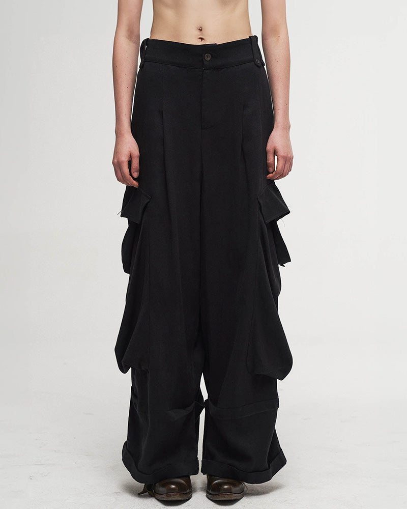 Draped Big-Pocket Wide-Leg Cargo Pants