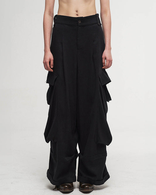 Draped Big-Pocket Wide-Leg Cargo Pants
