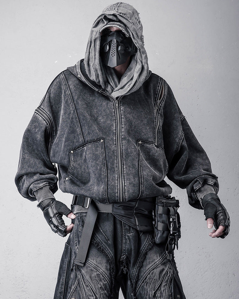 Wasteland Distressed Washed Multi-Zip Techwear Hoodie