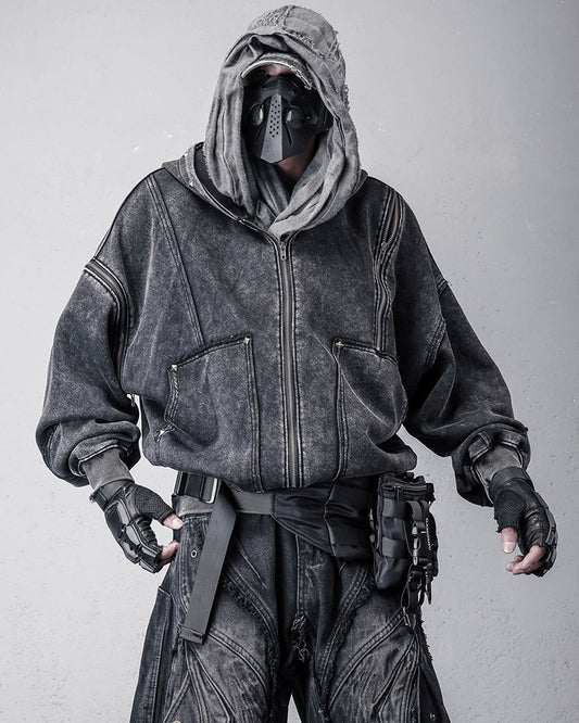 Wasteland Distressed Washed Multi-Zip Techwear Hoodie