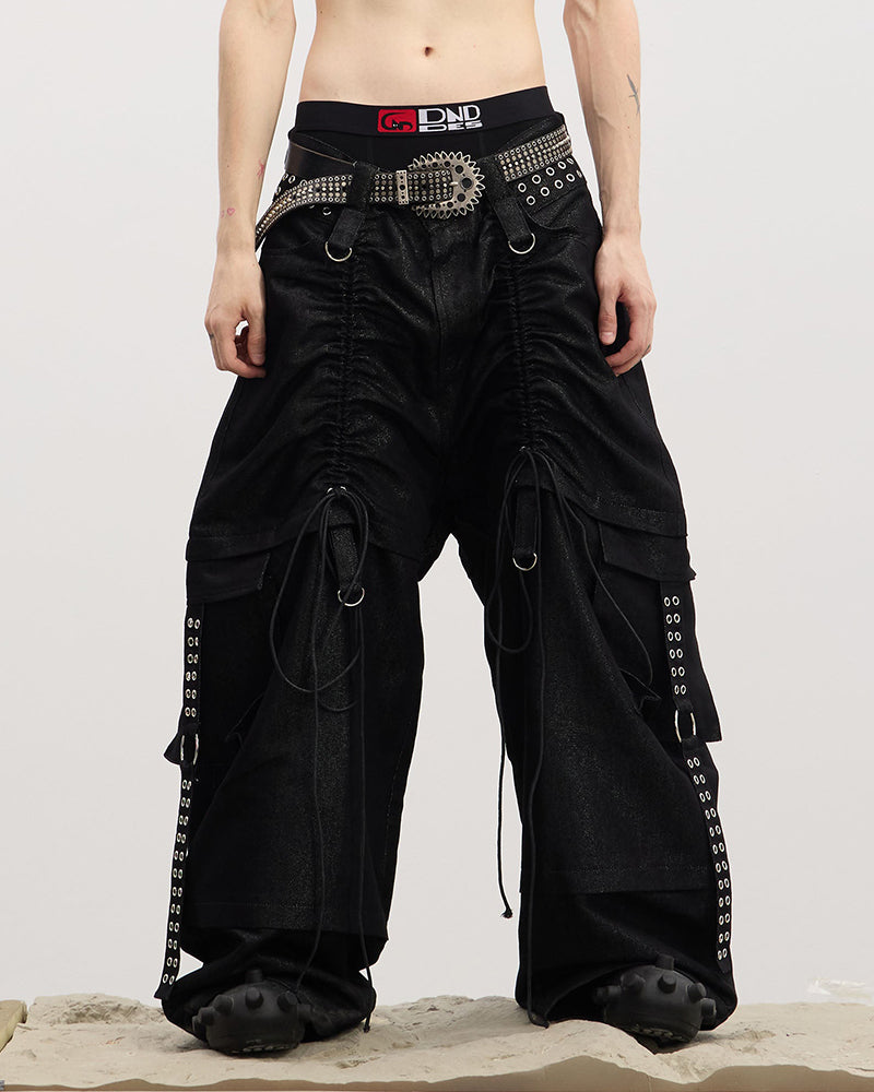 Drawstring Ruched Coated Cargo Jeans