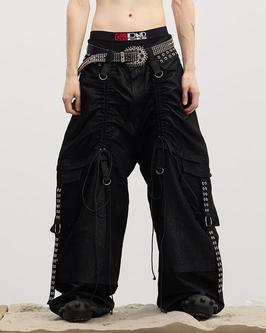 Drawstring Ruched Coated Cargo Jeans