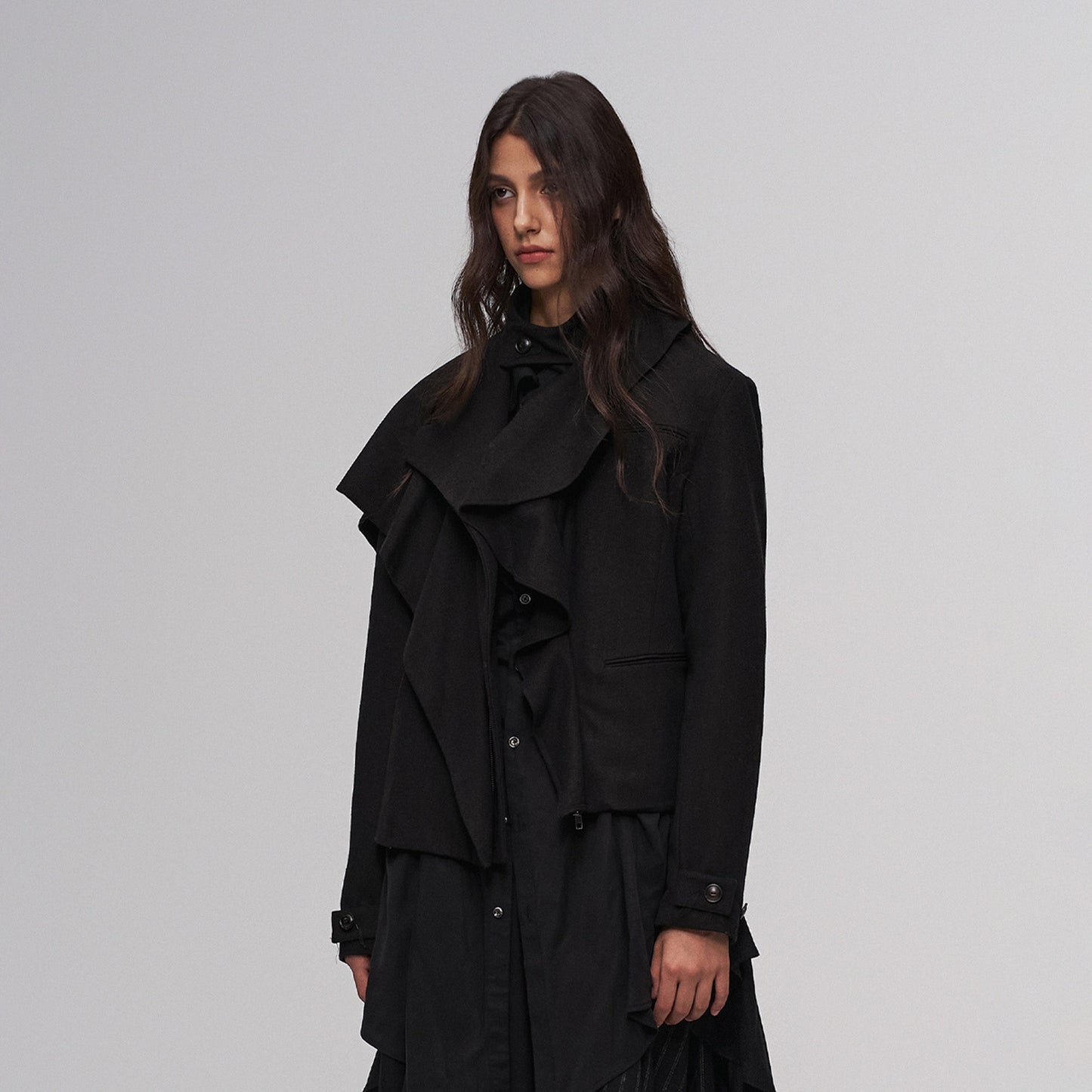 Layered Ruffle Wool-Blend Scarf-Wrap Coat