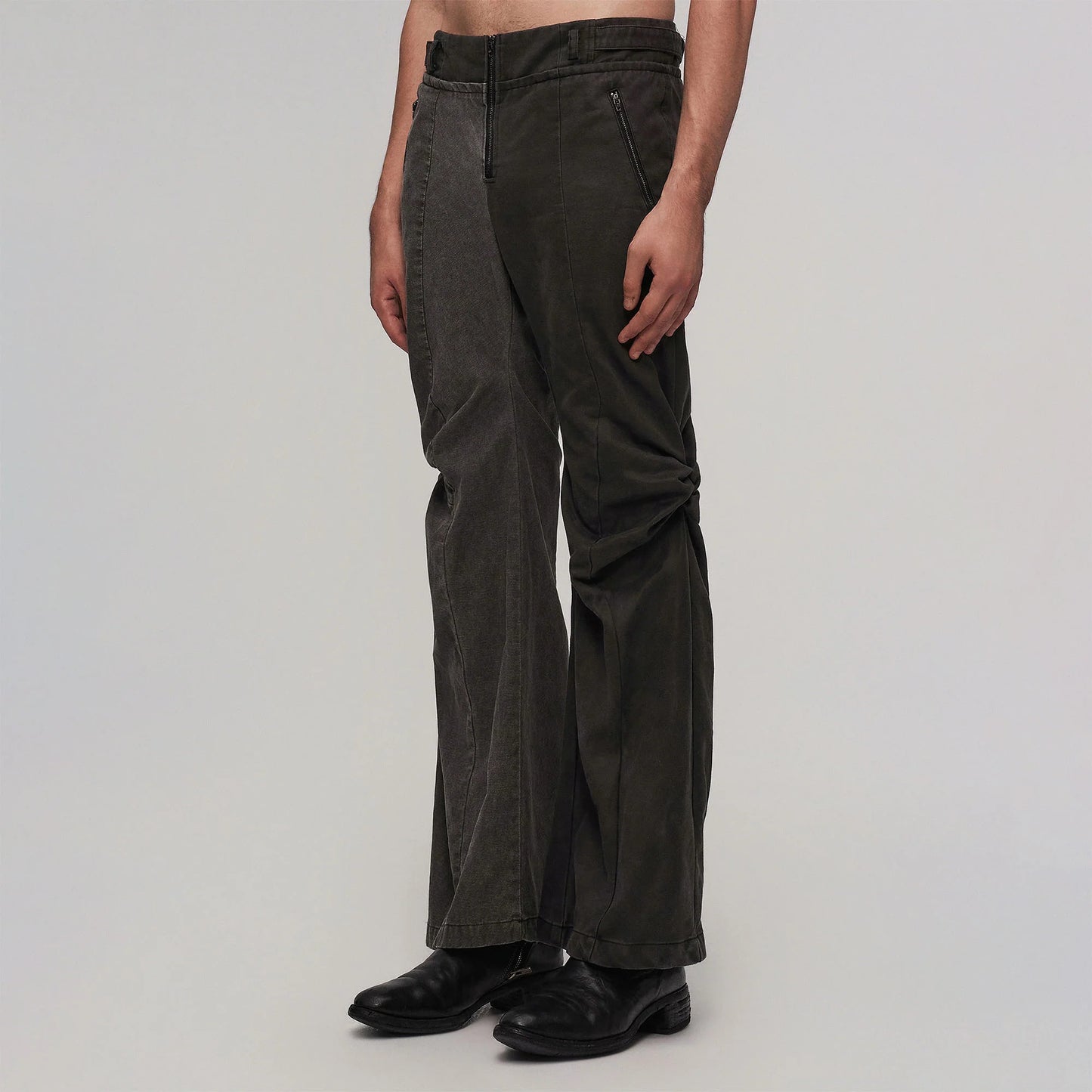 Contrast-Spliced Twist-Knee Flared Trousers
