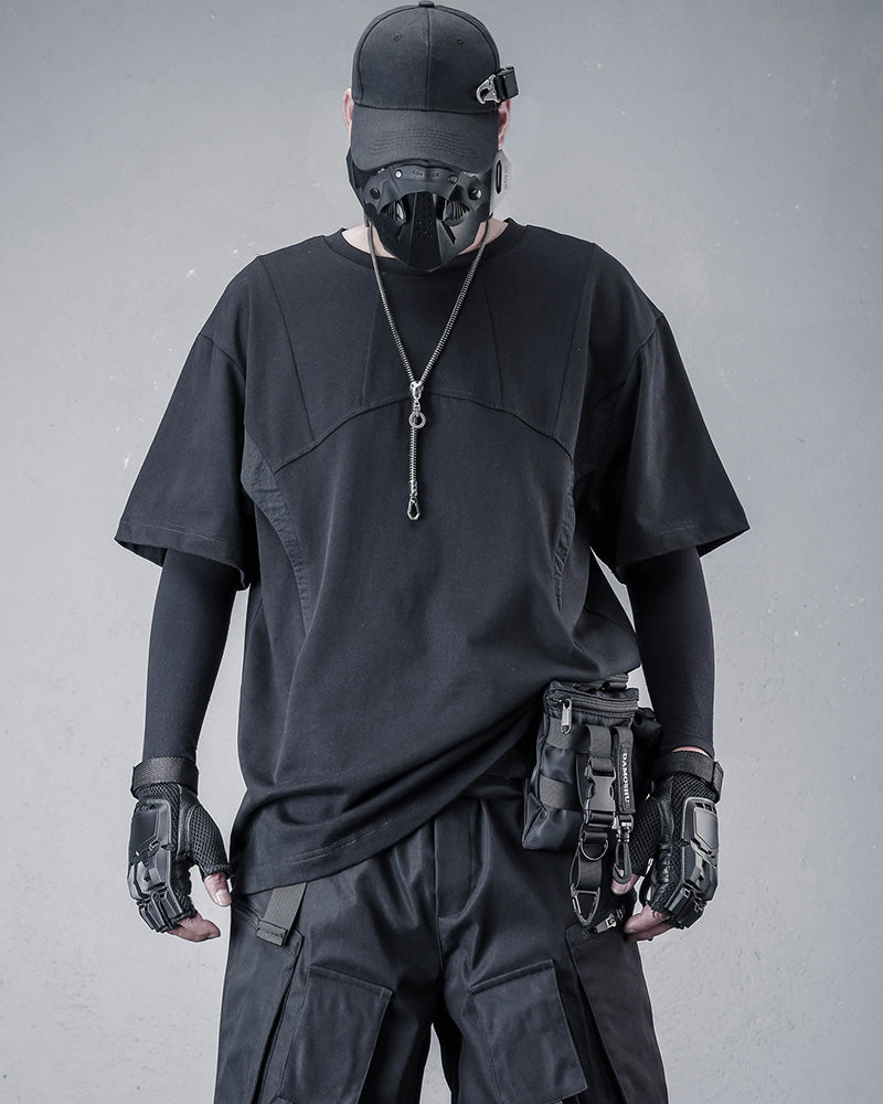 Techwear Deconstructed Black Patchwork T-Shirt