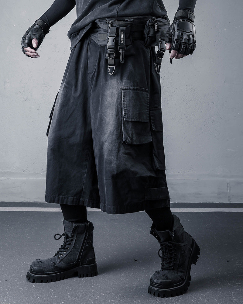 Techwear Distressed Wide-Leg Cargo Shorts