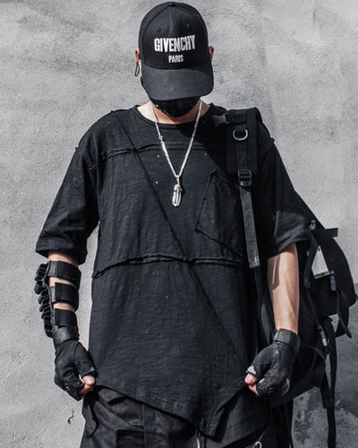 Asymmetric Patchwork Distressed Techwear T-Shirt