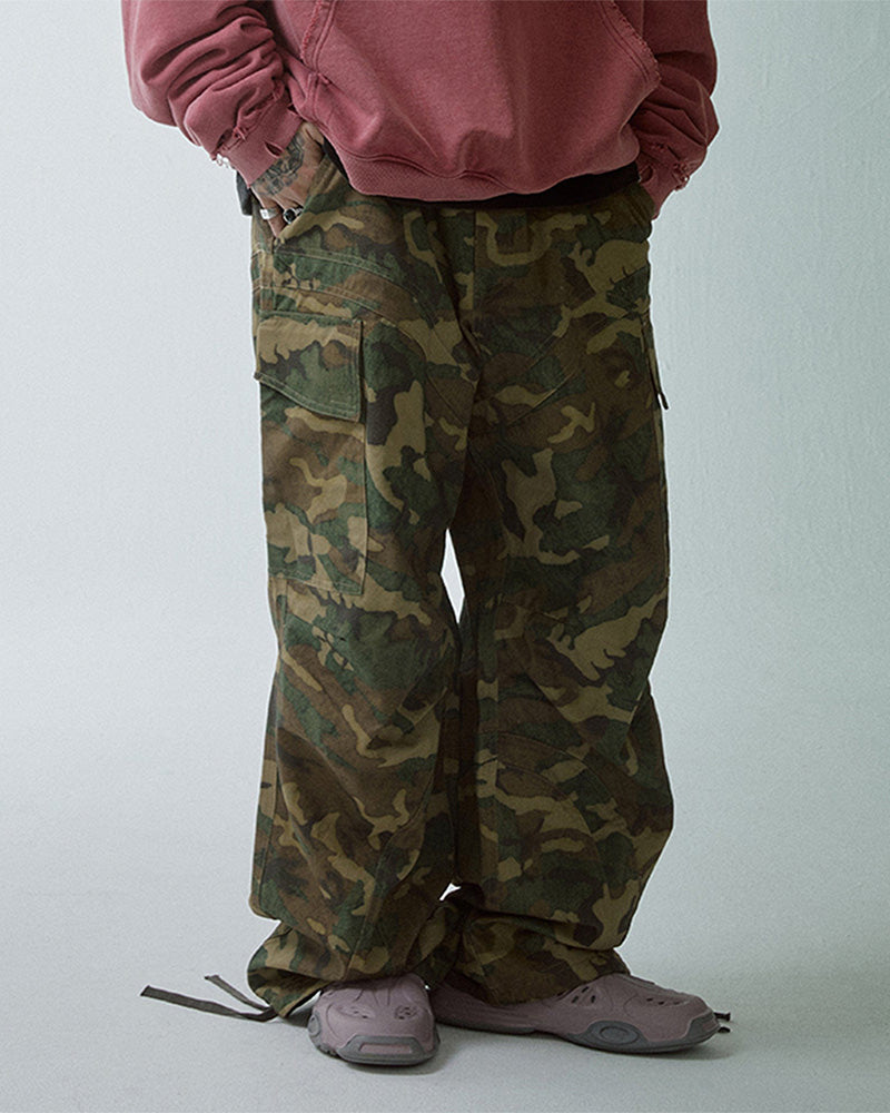 Wide-Leg Draw-String Camo Cargo Pants