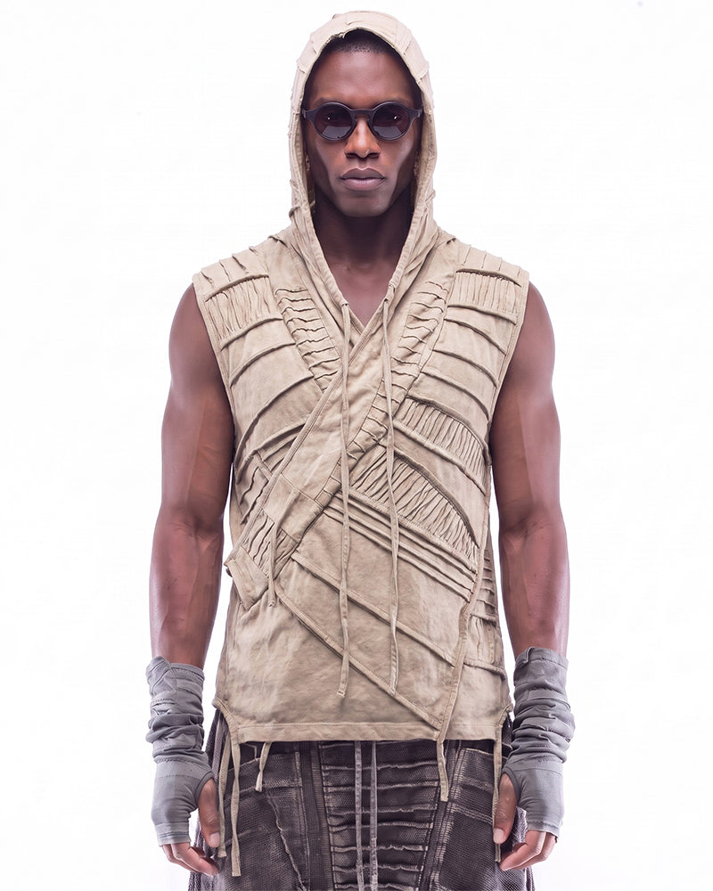 Wasteland Distressed Pleated Asymmetric Sleeveless Hooded Vest
