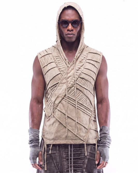 Wasteland Distressed Pleated Asymmetric Sleeveless Hooded Vest