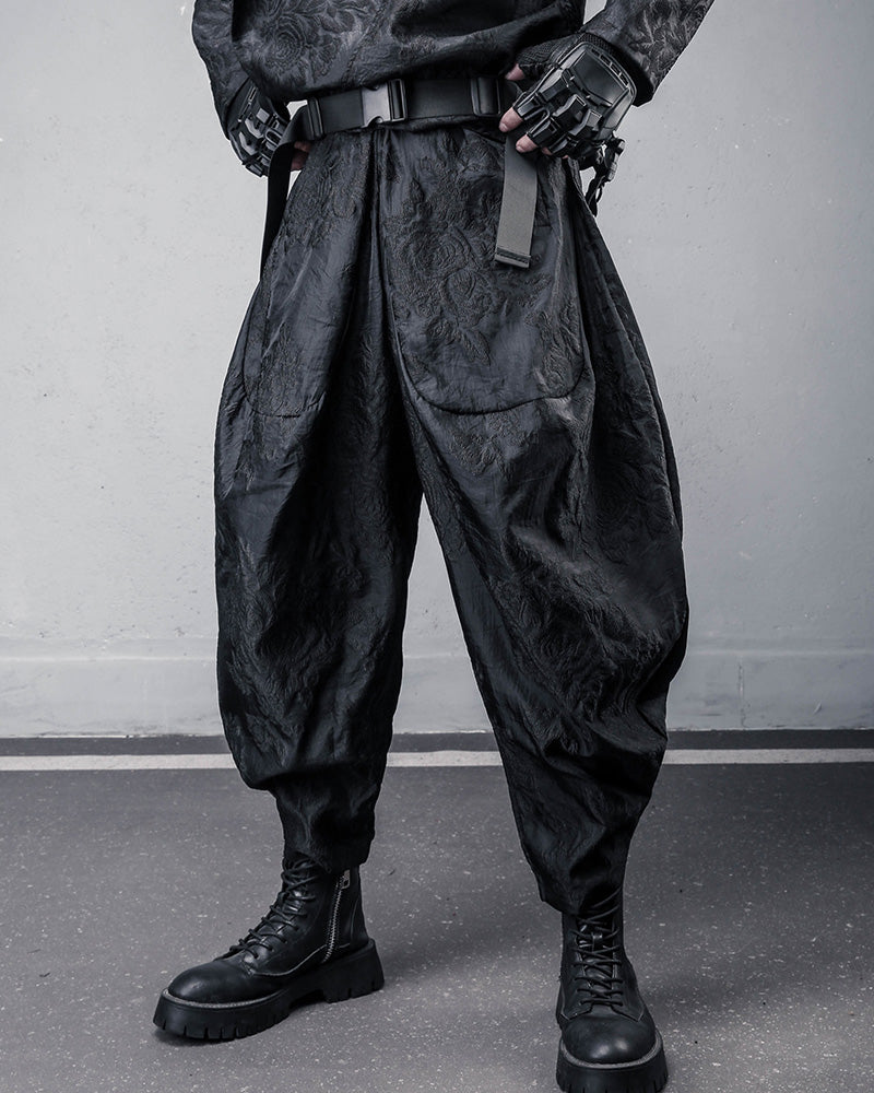 Embossed Floral Techwear Harem Pants