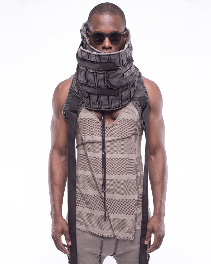 Post-Apocalyptic Asymmetric Pleated High-Neck Utility Vest