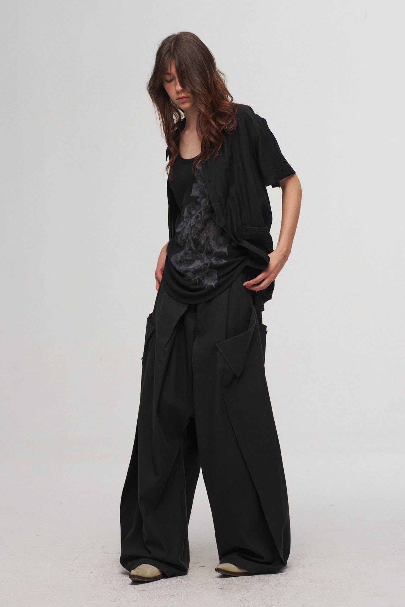 Stripe Crinkled Spliced Layered Collar T-Shirt Black